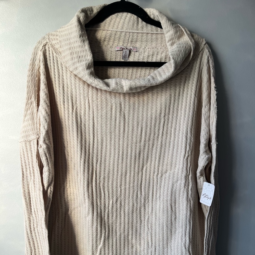 NWT Free People cowl neck cream waffle long sleeve top